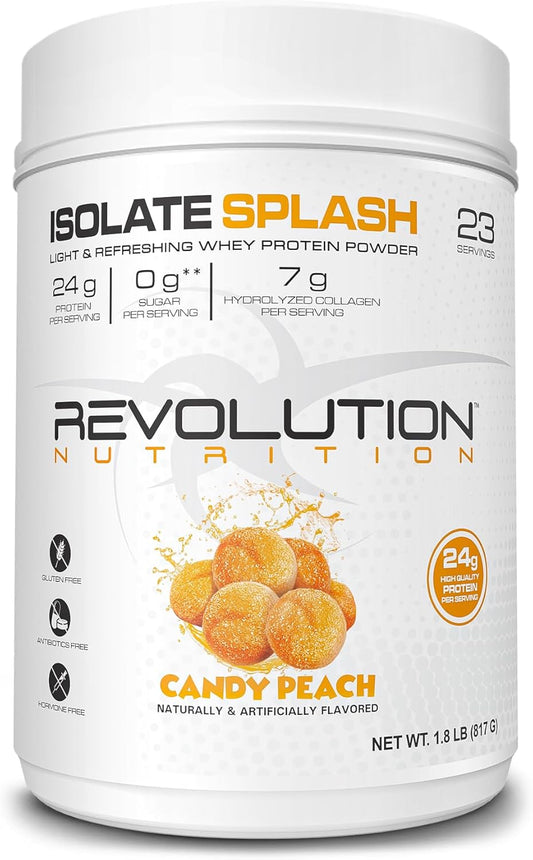 Clear Whey Protein Powder with Collagen - Candy Peach Flavour, 24g Protein Per Scoop, Zero Sugar - 817g, 23 Servings - Isolate Splash by Revolution Nutrition
