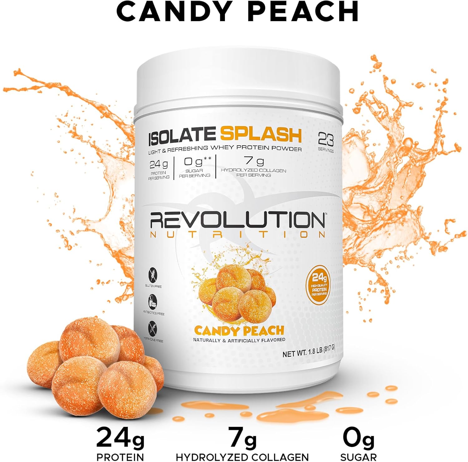 Clear Whey Protein Powder with Collagen - Candy Peach Flavour, 24g Protein Per Scoop, Zero Sugar - 817g, 23 Servings - Isolate Splash by Revolution Nutrition