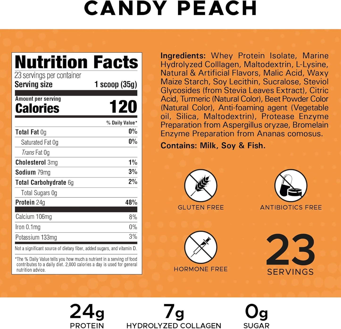 Clear Whey Protein Powder with Collagen - Candy Peach Flavour, 24g Protein Per Scoop, Zero Sugar - 817g, 23 Servings - Isolate Splash by Revolution Nutrition