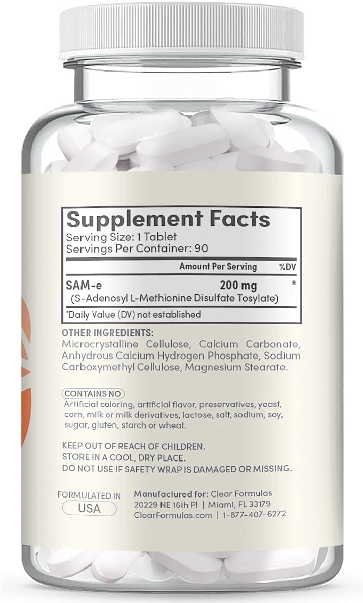 ClearFormulas Sam-e 200mg (90 Tablets) Full Strength S-Adenosyl-L-Methionine for Mood & Joint Health