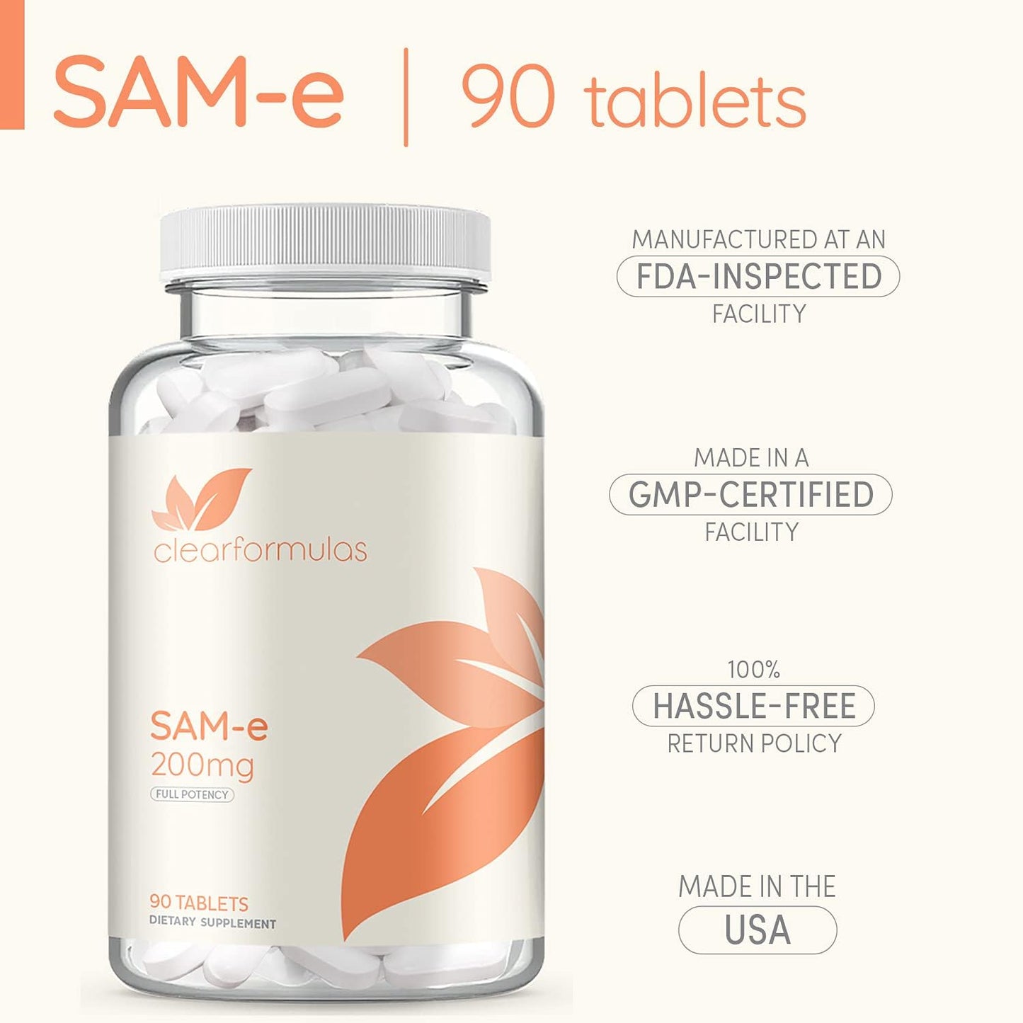 ClearFormulas Sam-e 200mg (90 Tablets) Full Strength S-Adenosyl-L-Methionine for Mood & Joint Health