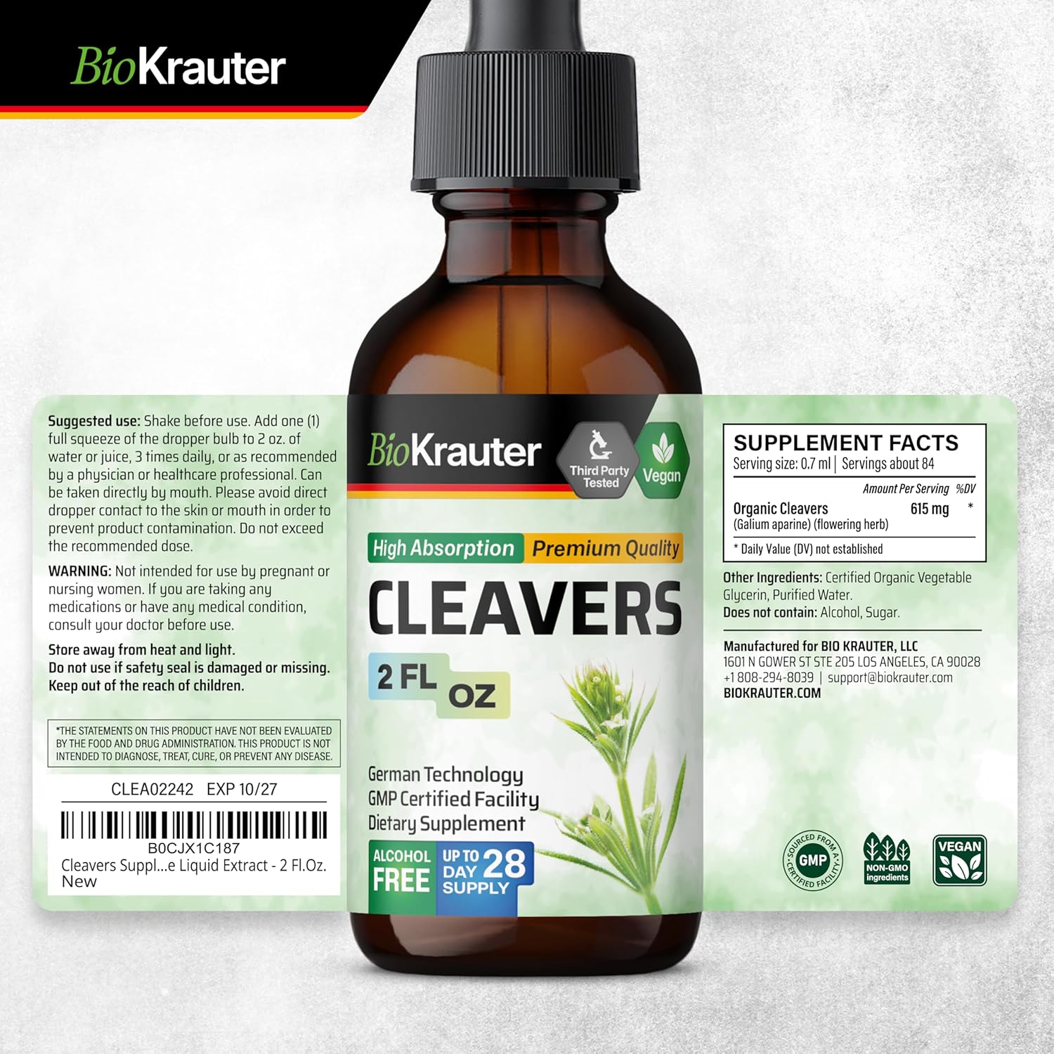 Cleavers Herb Liquid Extract - Natural Detox Tincture - Vegan, Alcohol & Sugar Free - 2 Fl.Oz.