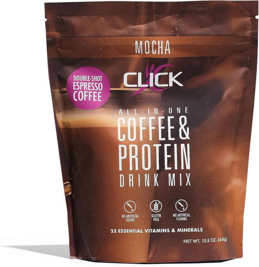 Click Coffee Protein: All-in-One Meal Replacement Nutrition Drink with Real Coffee, Mocha Flavor, 23 Vitamins, Double Shot Espresso, Hot or Cold - 15.8oz