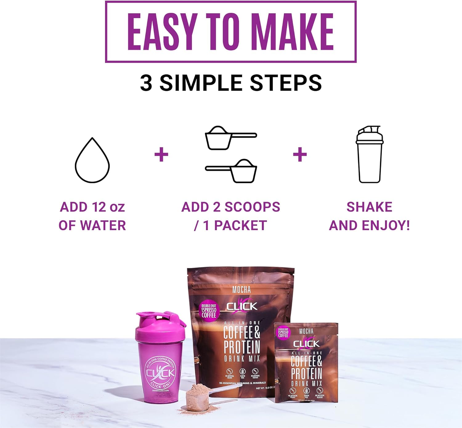 Click Coffee Protein: All-in-One Meal Replacement Nutrition Drink with Real Coffee, Mocha Flavor, 23 Vitamins, Double Shot Espresso, Hot or Cold - 15.8oz