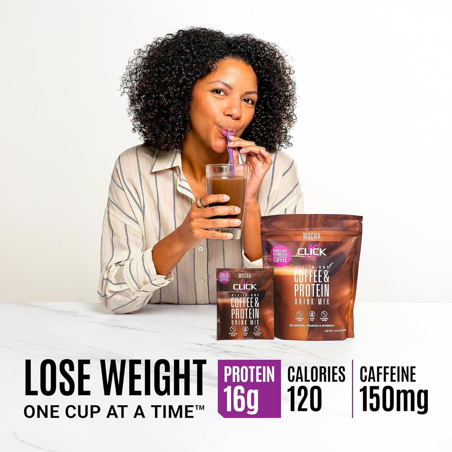 Click Coffee Protein: All-in-One Meal Replacement Nutrition Drink with Real Coffee, Mocha Flavor, 23 Vitamins, Double Shot Espresso, Hot or Cold - 15.8oz