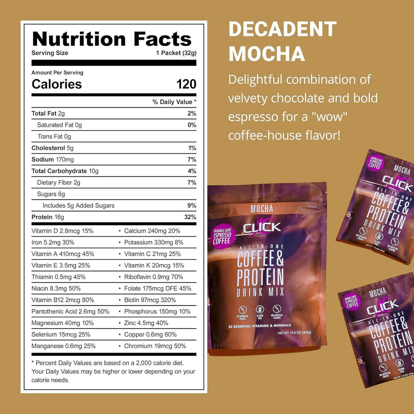 Click Coffee Protein: All-in-One Meal Replacement Nutrition Drink with Real Coffee, Mocha Flavor, 23 Vitamins, Double Shot Espresso, Hot or Cold - 15.8oz