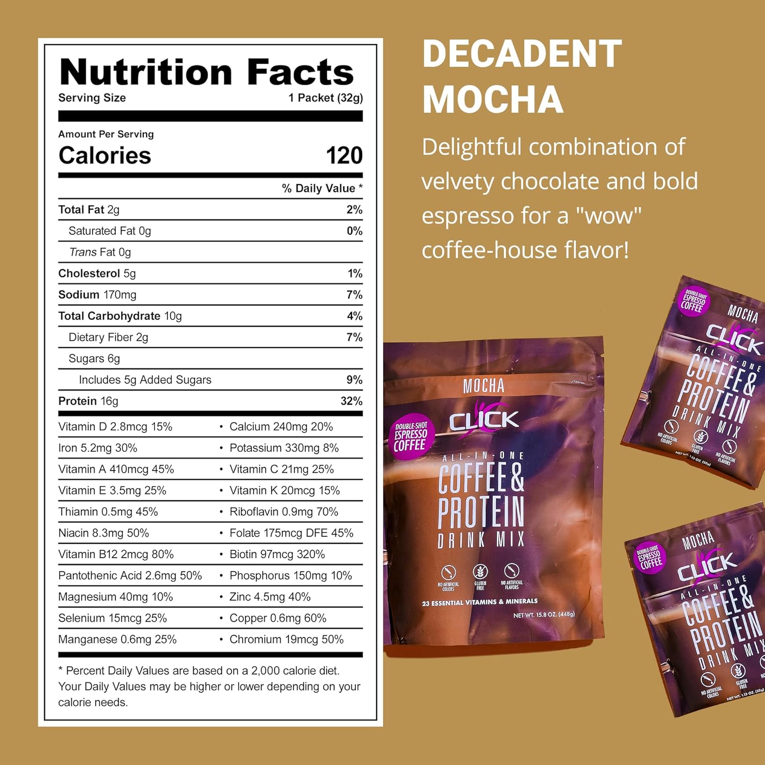 Click Coffee Protein: All-in-One Meal Replacement Nutrition Drink with Real Coffee, Mocha Flavor, 23 Vitamins, Double Shot Espresso, Hot or Cold - 15.8oz