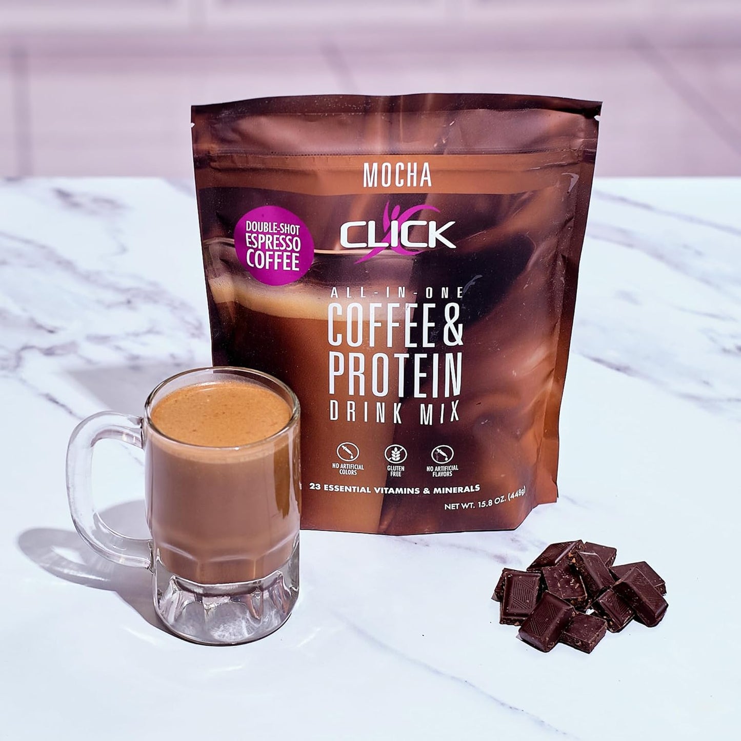 Click Coffee Protein: All-in-One Meal Replacement Nutrition Drink with Real Coffee, Mocha Flavor, 23 Vitamins, Double Shot Espresso, Hot or Cold - 15.8oz