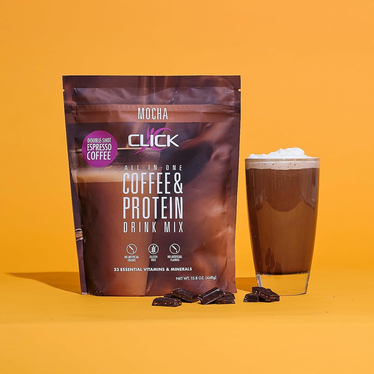 Click Coffee Protein: All-in-One Meal Replacement Nutrition Drink with Real Coffee, Mocha Flavor, 23 Vitamins, Double Shot Espresso, Hot or Cold - 15.8oz