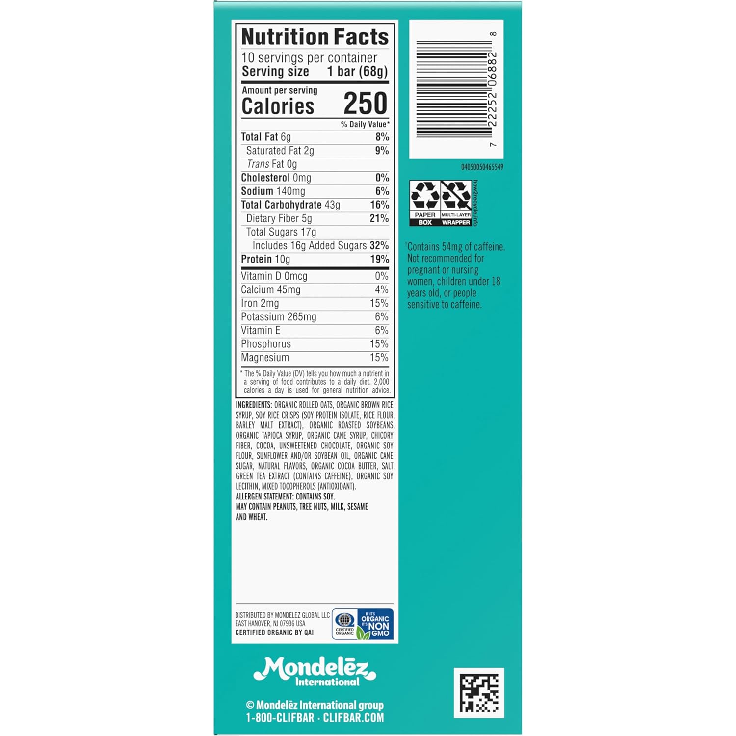 CLIF BAR Cool Mint Chocolate Caffeine Energy Bars with Organic Oats, Non-GMO Plant Based Protein (10 Pack)