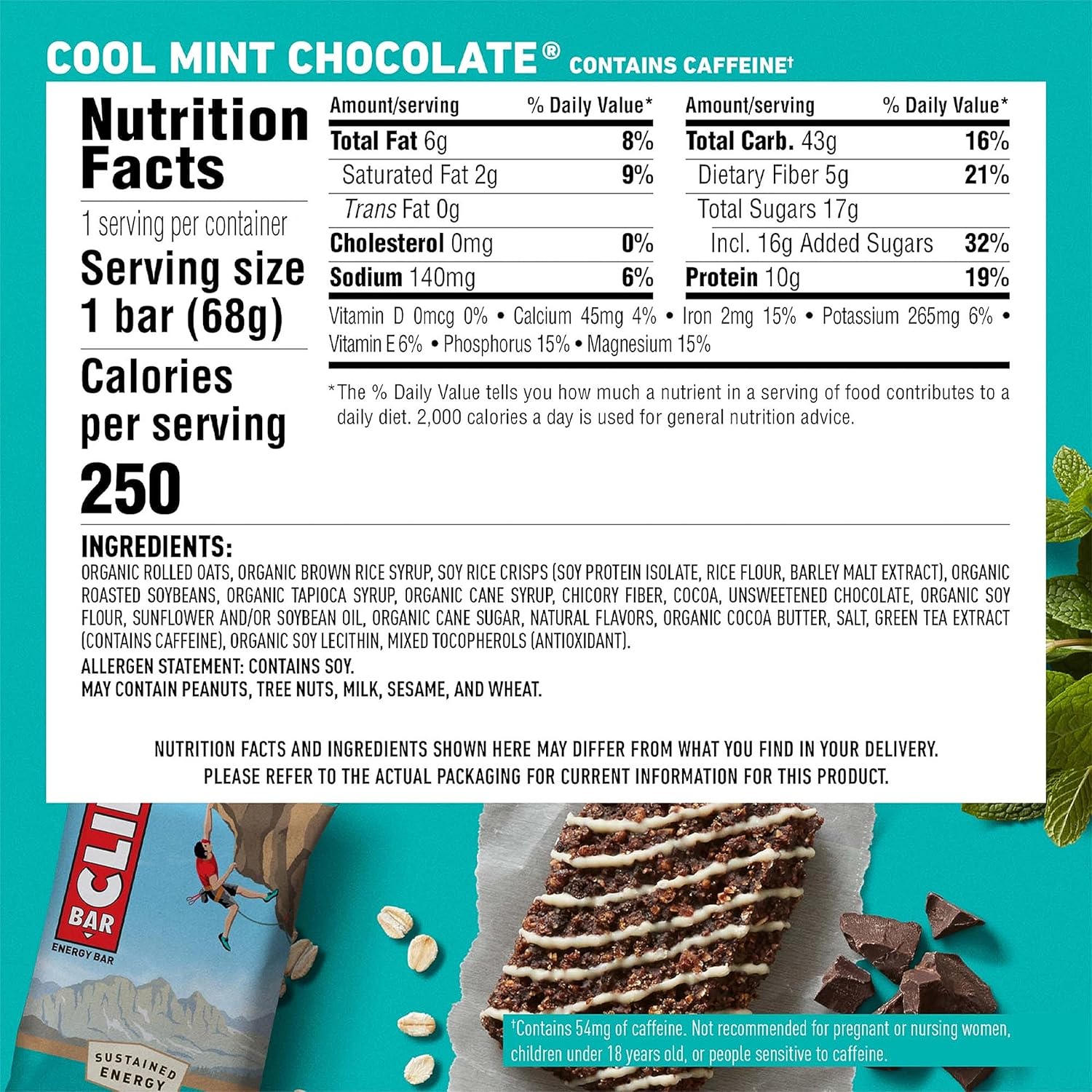 CLIF BAR Cool Mint Chocolate Caffeine Energy Bars with Organic Oats, Non-GMO Plant Based Protein (10 Pack)