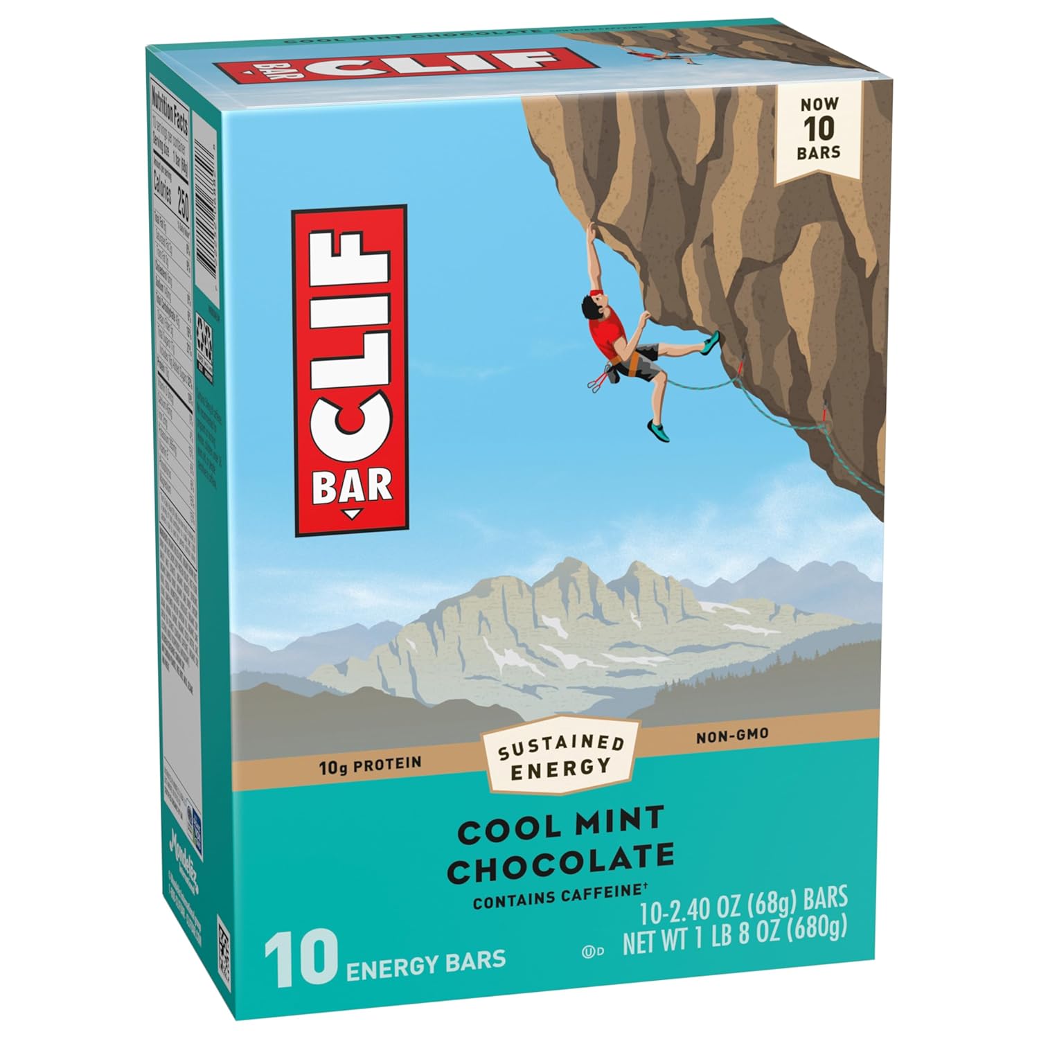 CLIF BAR Cool Mint Chocolate Caffeine Energy Bars with Organic Oats, Non-GMO Plant Based Protein (10 Pack)