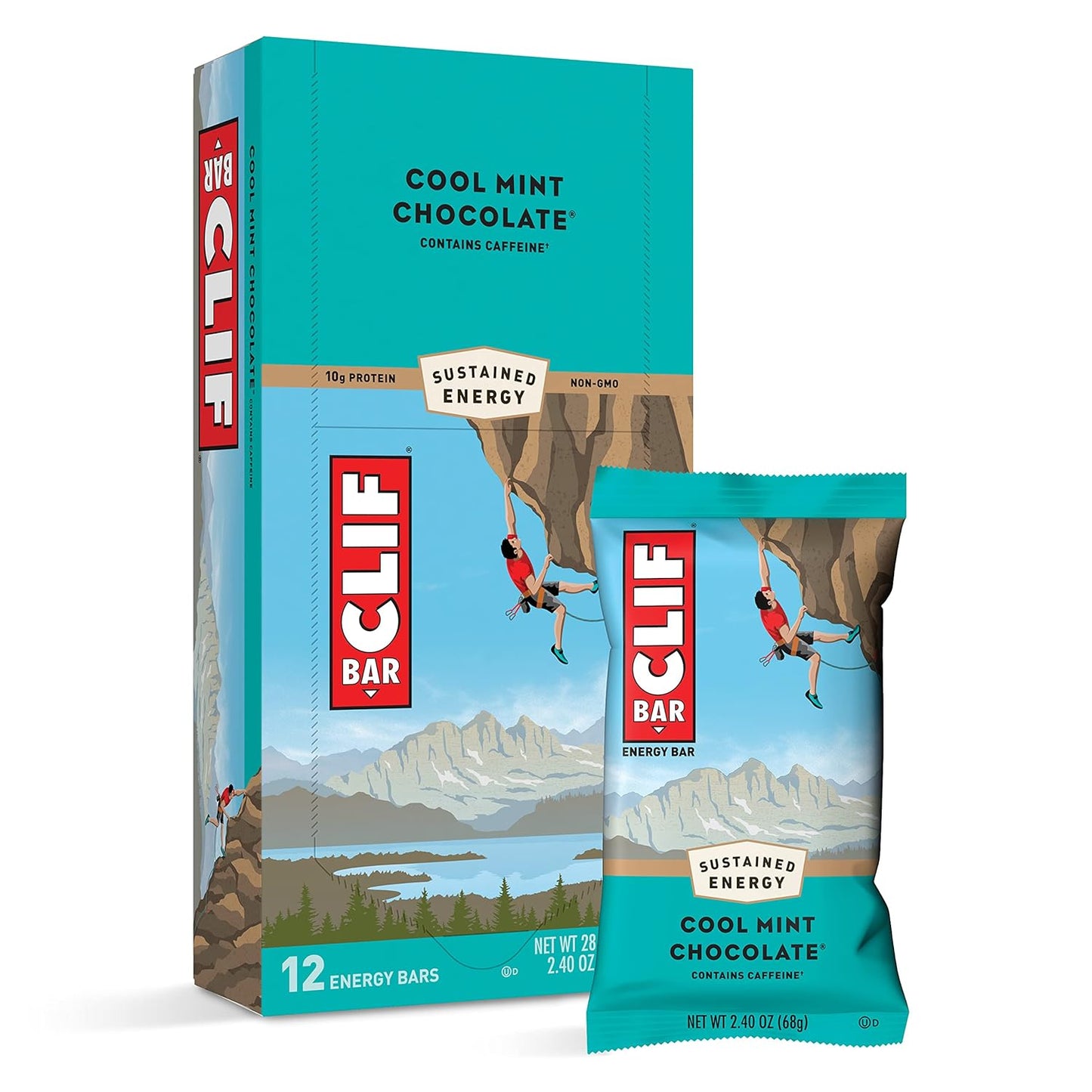CLIF BARS Cool Mint Chocolate Energy Bars with Caffeine - Organic Oats, Plant Based, Vegetarian, Kosher - 2.4 oz Protein Bars, 12 Count
