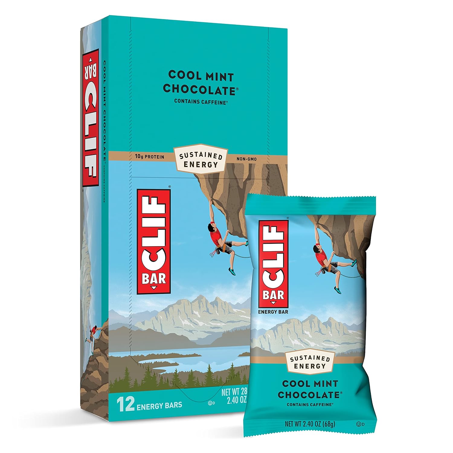 CLIF BARS Cool Mint Chocolate Energy Bars with Caffeine - Organic Oats, Plant Based, Vegetarian, Kosher - 2.4 oz Protein Bars, 12 Count