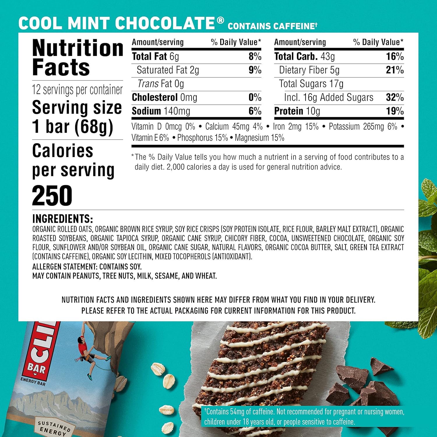CLIF BARS Cool Mint Chocolate Energy Bars with Caffeine - Organic Oats, Plant Based, Vegetarian, Kosher - 2.4 oz Protein Bars, 12 Count