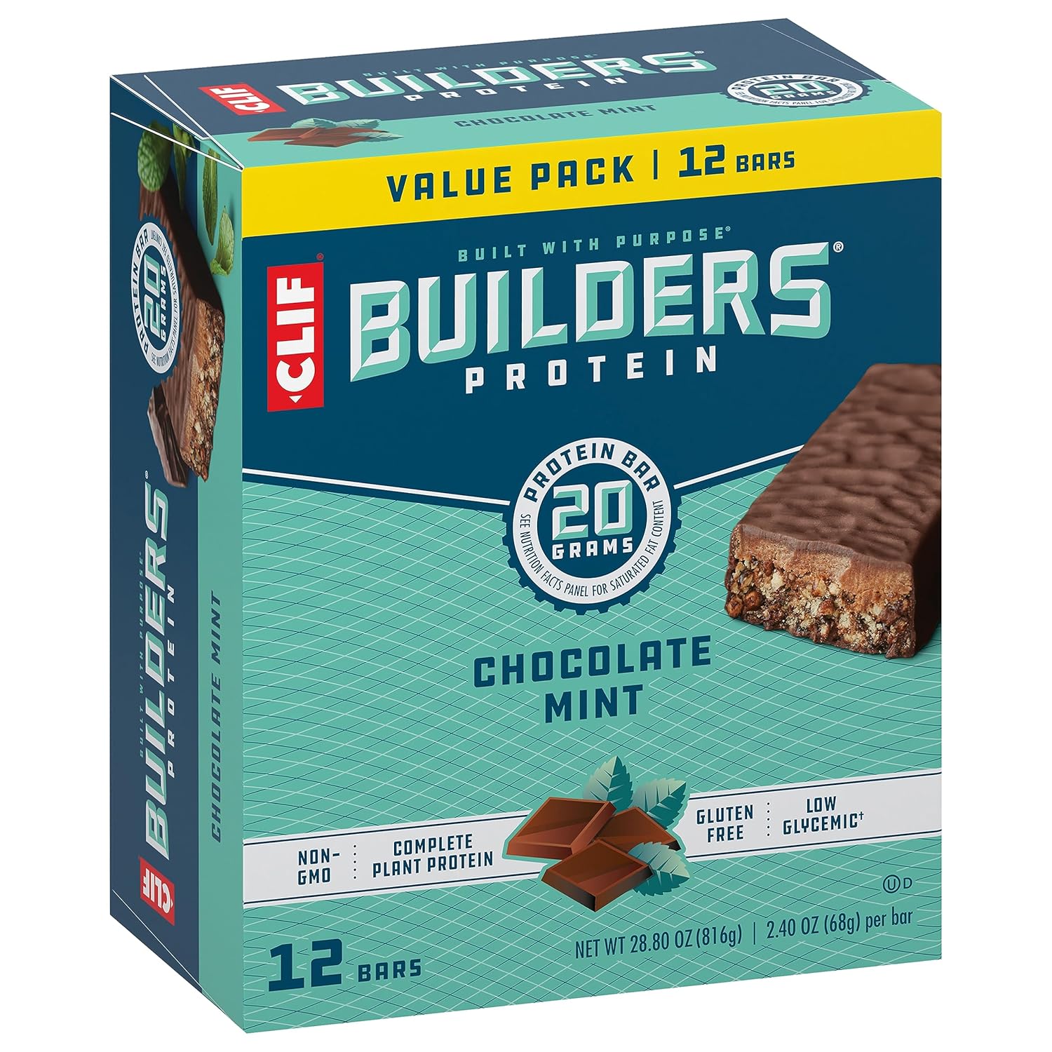 CLIF Builders Chocolate Mint Plant-Based Protein Bars 12 Pack - Gluten Free, Non-GMO, Low Glycemic - 20g Protein