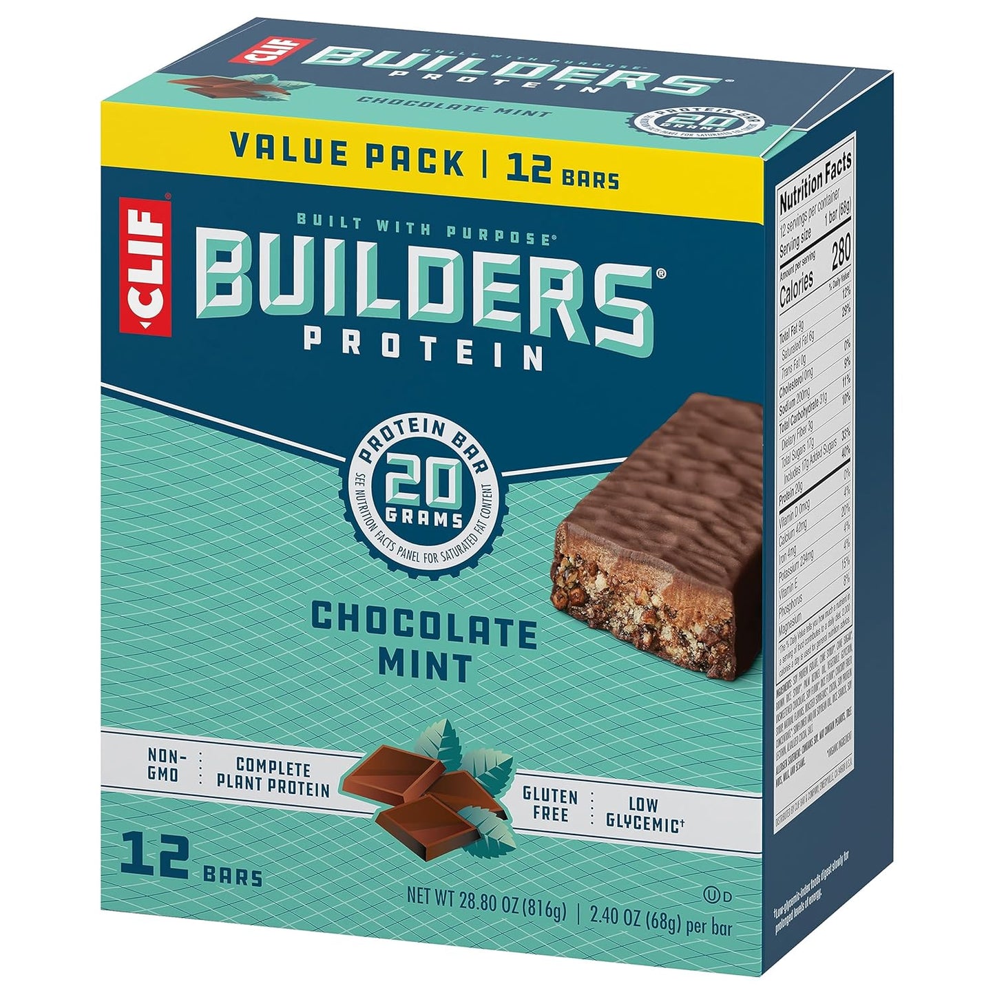 CLIF Builders Chocolate Mint Plant-Based Protein Bars 12 Pack - Gluten Free, Non-GMO, Low Glycemic - 20g Protein
