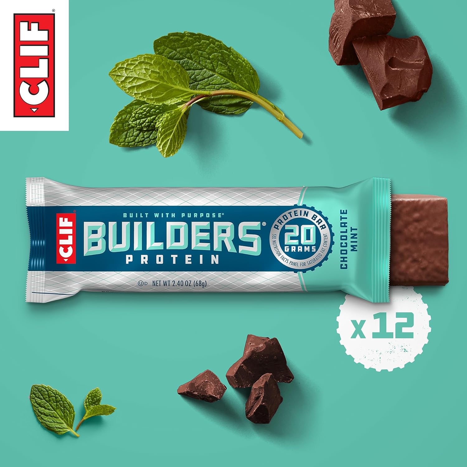 CLIF Builders Chocolate Mint Plant-Based Protein Bars 12 Pack - Gluten Free, Non-GMO, Low Glycemic - 20g Protein