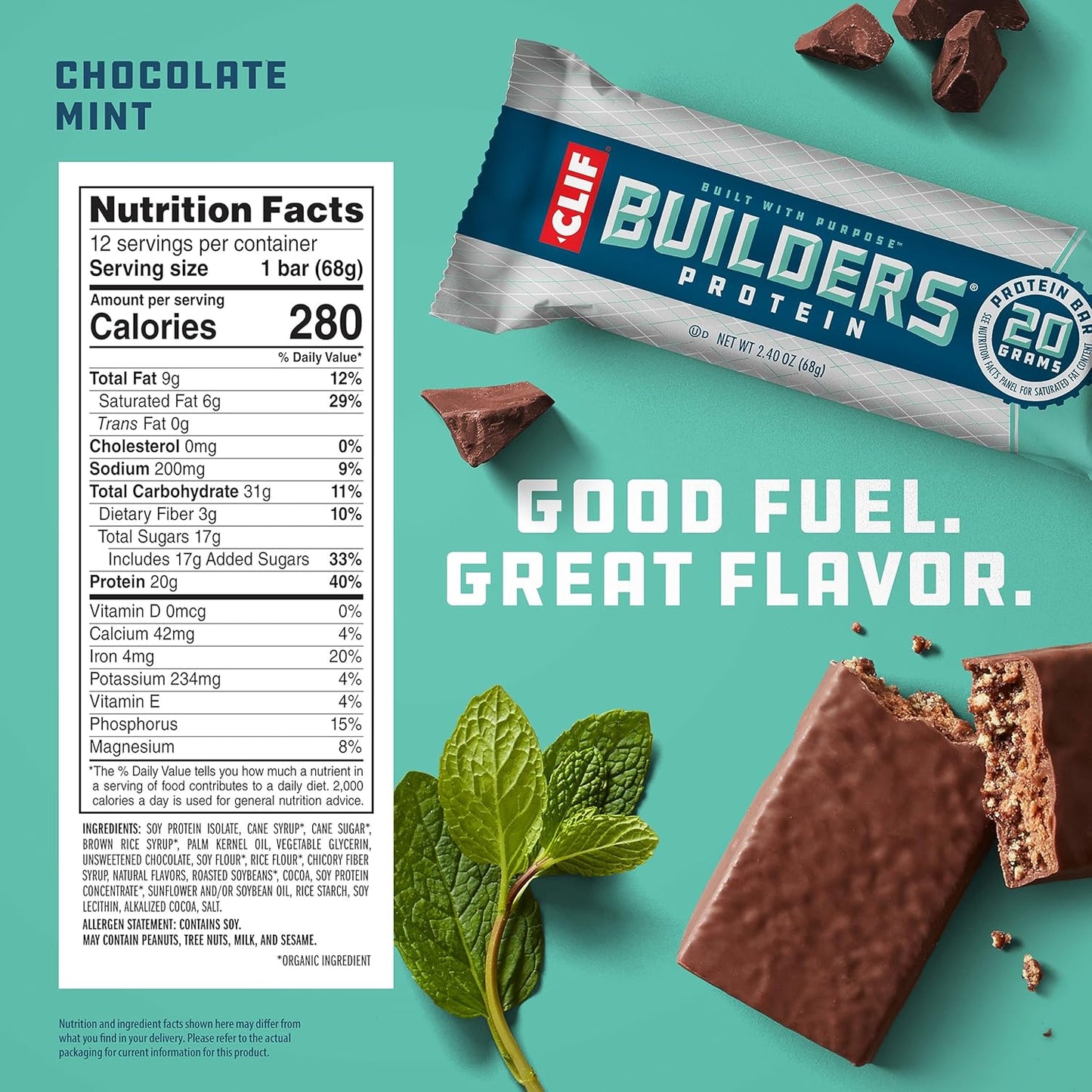 CLIF Builders Chocolate Mint Plant-Based Protein Bars 12 Pack - Gluten Free, Non-GMO, Low Glycemic - 20g Protein