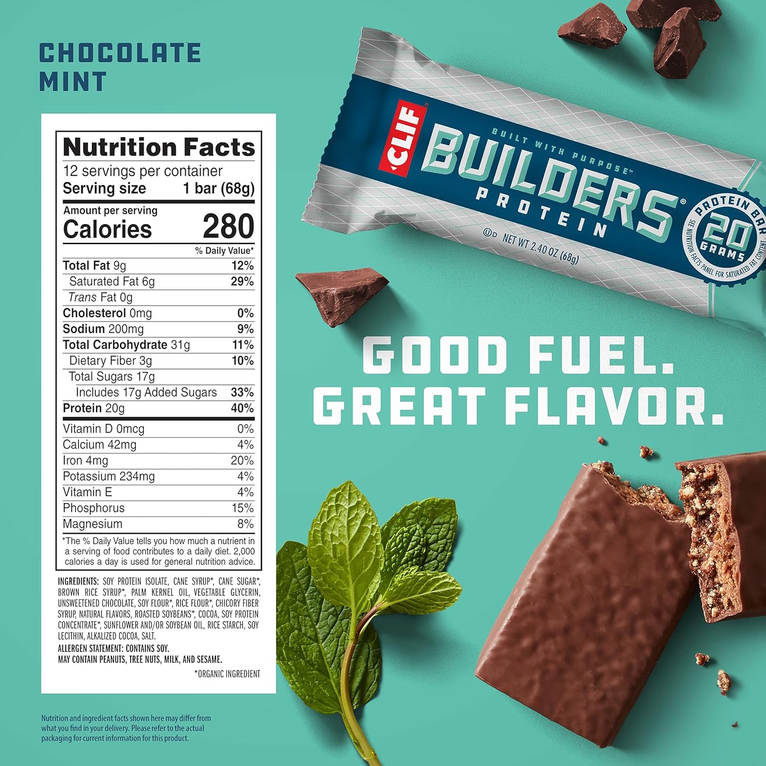 CLIF Builders Chocolate Mint Plant-Based Protein Bars 12 Pack - Gluten Free, Non-GMO, Low Glycemic - 20g Protein