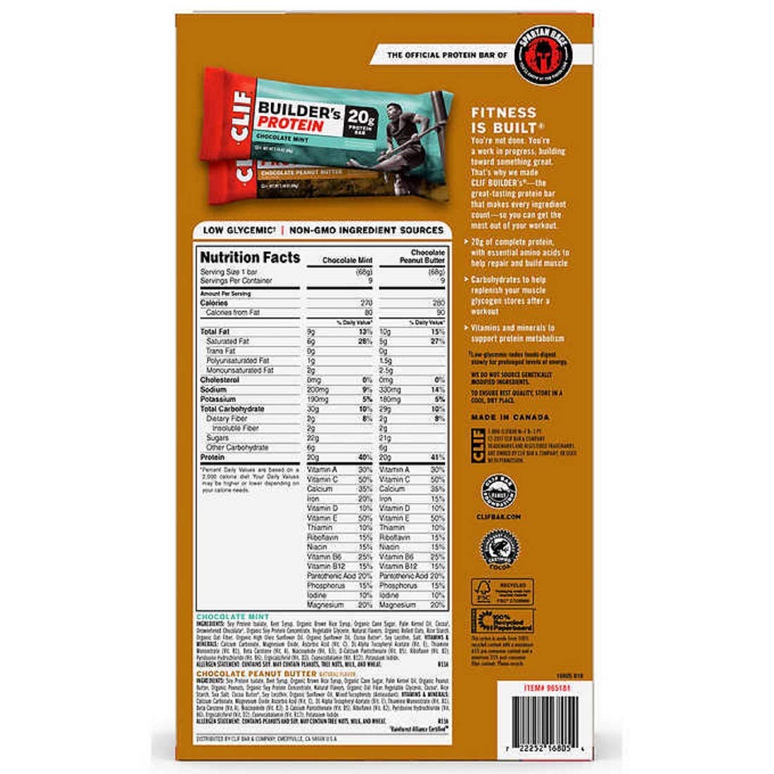 Clif Builder's Chocolate Protein Bars, 2.4 oz, 18 Bars/Box - Protein-Rich Snack for Energy Boosts