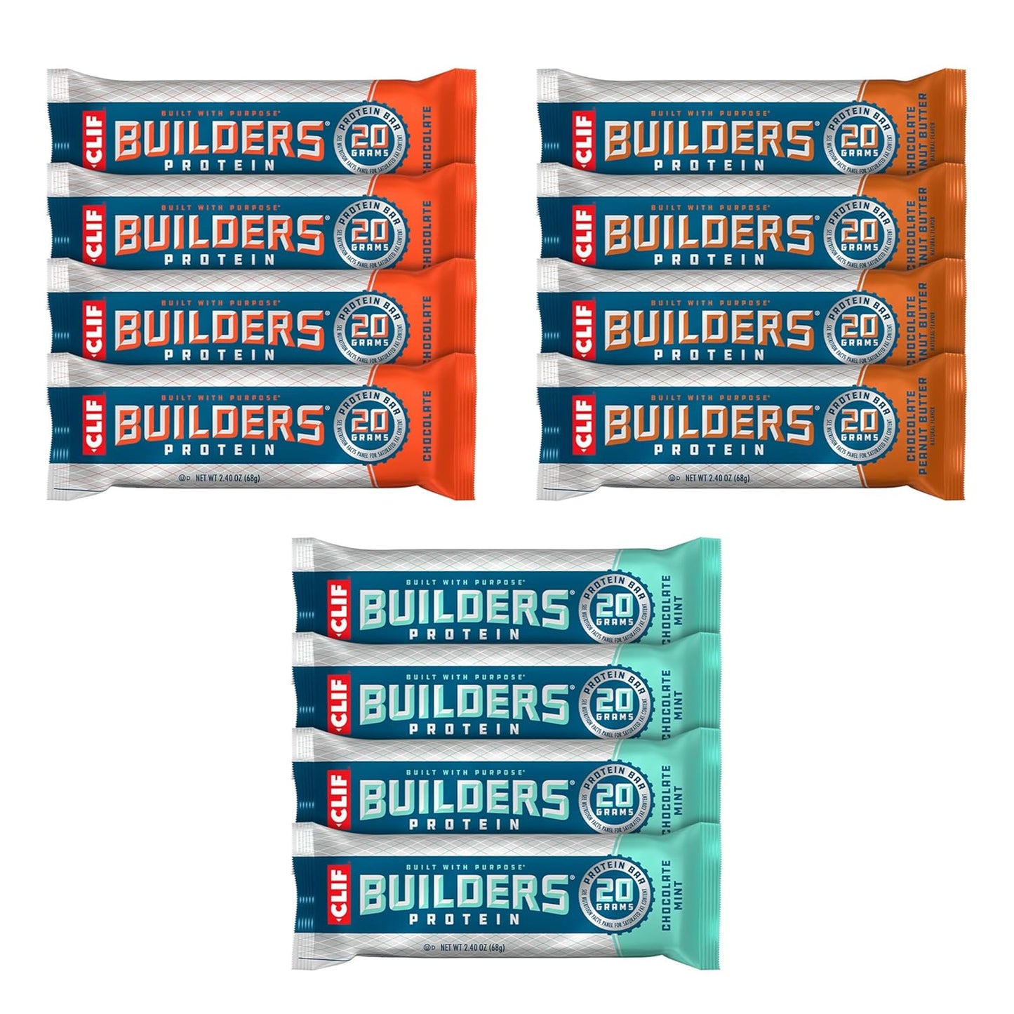 CLIF Builders Variety Pack: Plant Based Protein Bars, Gluten Free, Non-GMO, Low Glycemic, 20g Protein, 2.4 oz (12 Count)