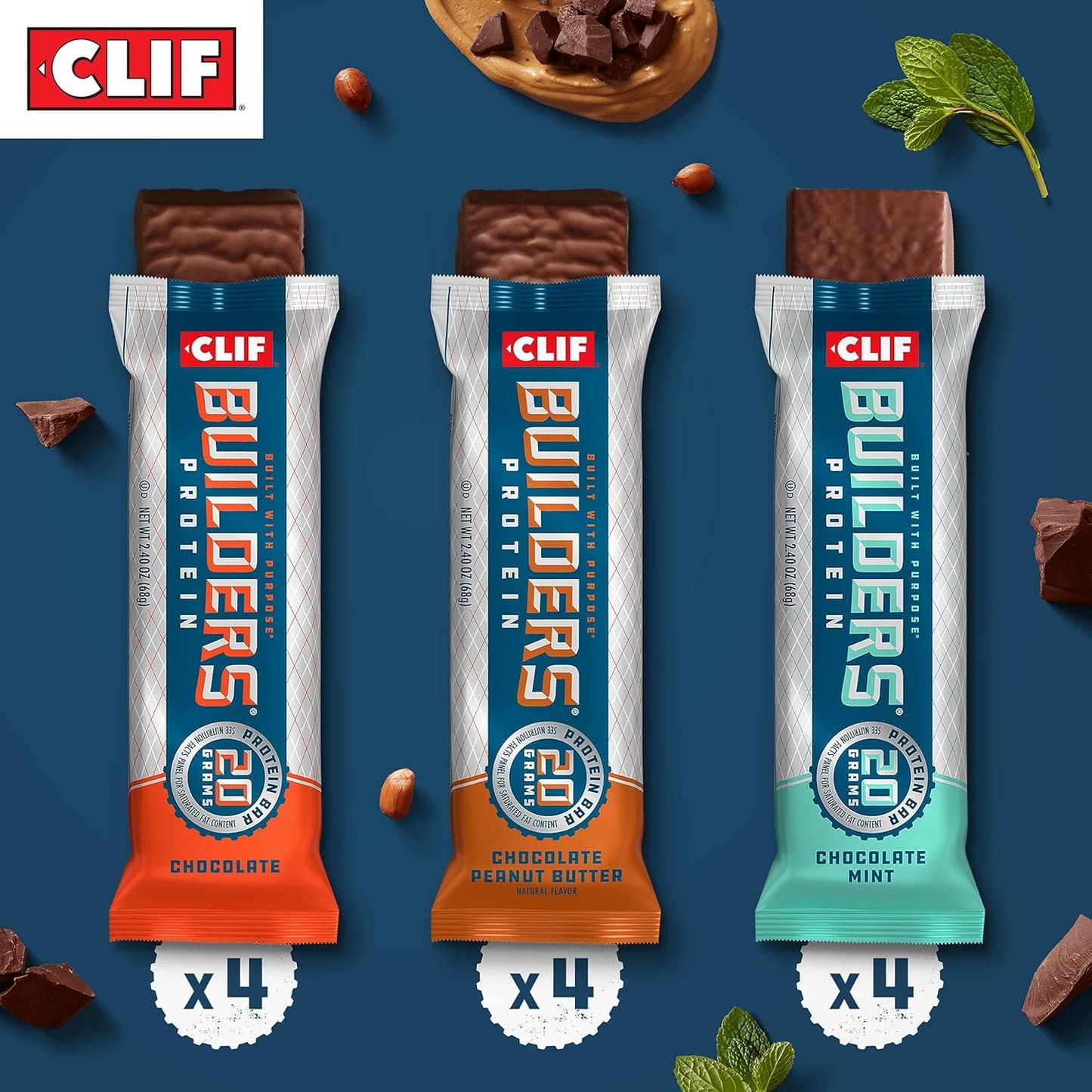 CLIF Builders Variety Pack: Plant Based Protein Bars, Gluten Free, Non-GMO, Low Glycemic, 20g Protein, 2.4 oz (12 Count)