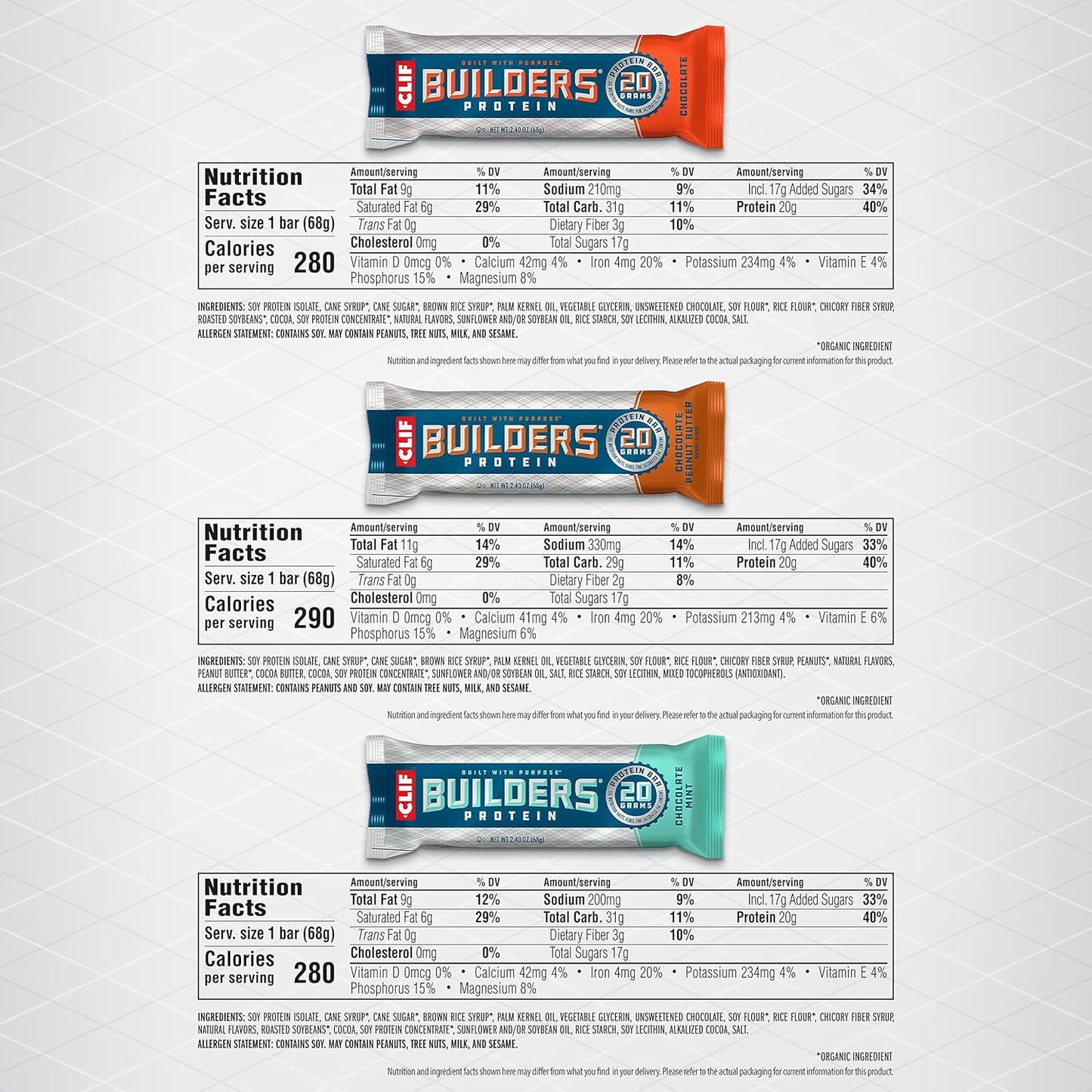 CLIF Builders Variety Pack: Plant Based Protein Bars, Gluten Free, Non-GMO, Low Glycemic, 20g Protein, 2.4 oz (12 Count)