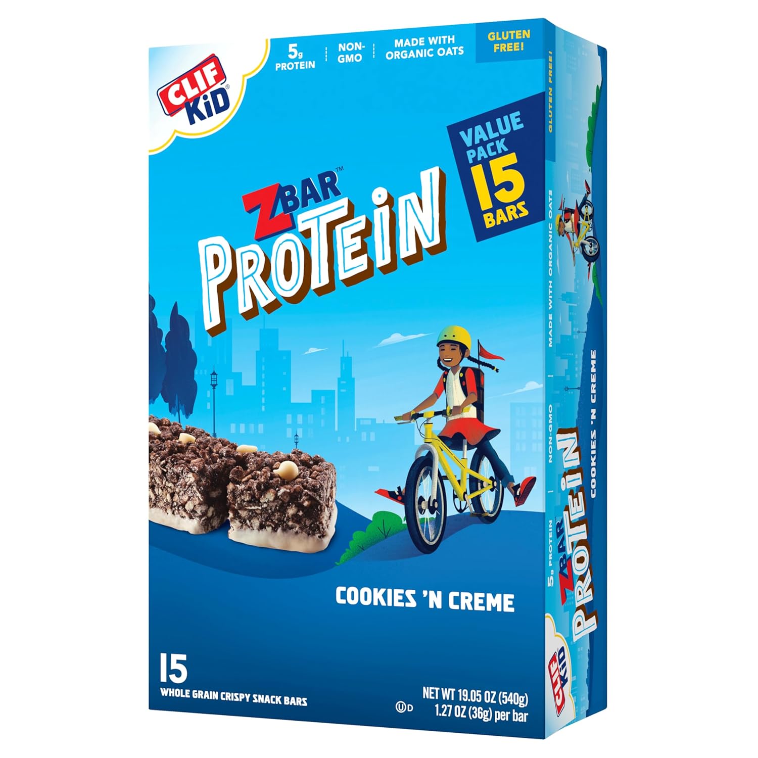Clif Kid ZBar Protein Bars - Cookies 'n Creme Flavor - Crispy Snack Bars - Organic Oats - Non-GMO - 5g Protein - Gluten-Free (15 Pack)