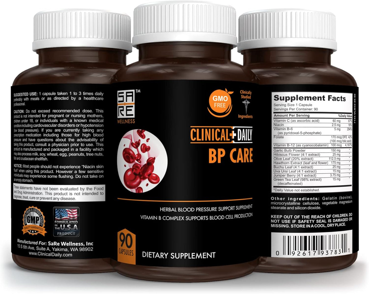 Clinical Daily Blood Pressure Support - Natural Hawthorne Berry Supplement with Folic Acid, Niacin, Garlic, and Vitamins for Heart Health - 90 Capsules