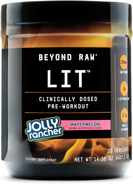 Clinically Dosed Pre-Workout Powder | Beyond Raw Lit | Jolly Rancher Watermelon Flavor | 30 Servings