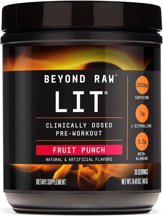 Clinically Dosed Pre-Workout Powder with Caffeine, L-Citrulline, Beta-Alanine, and Nitric Oxide - Fruit Punch Flavor - 30 Servings
