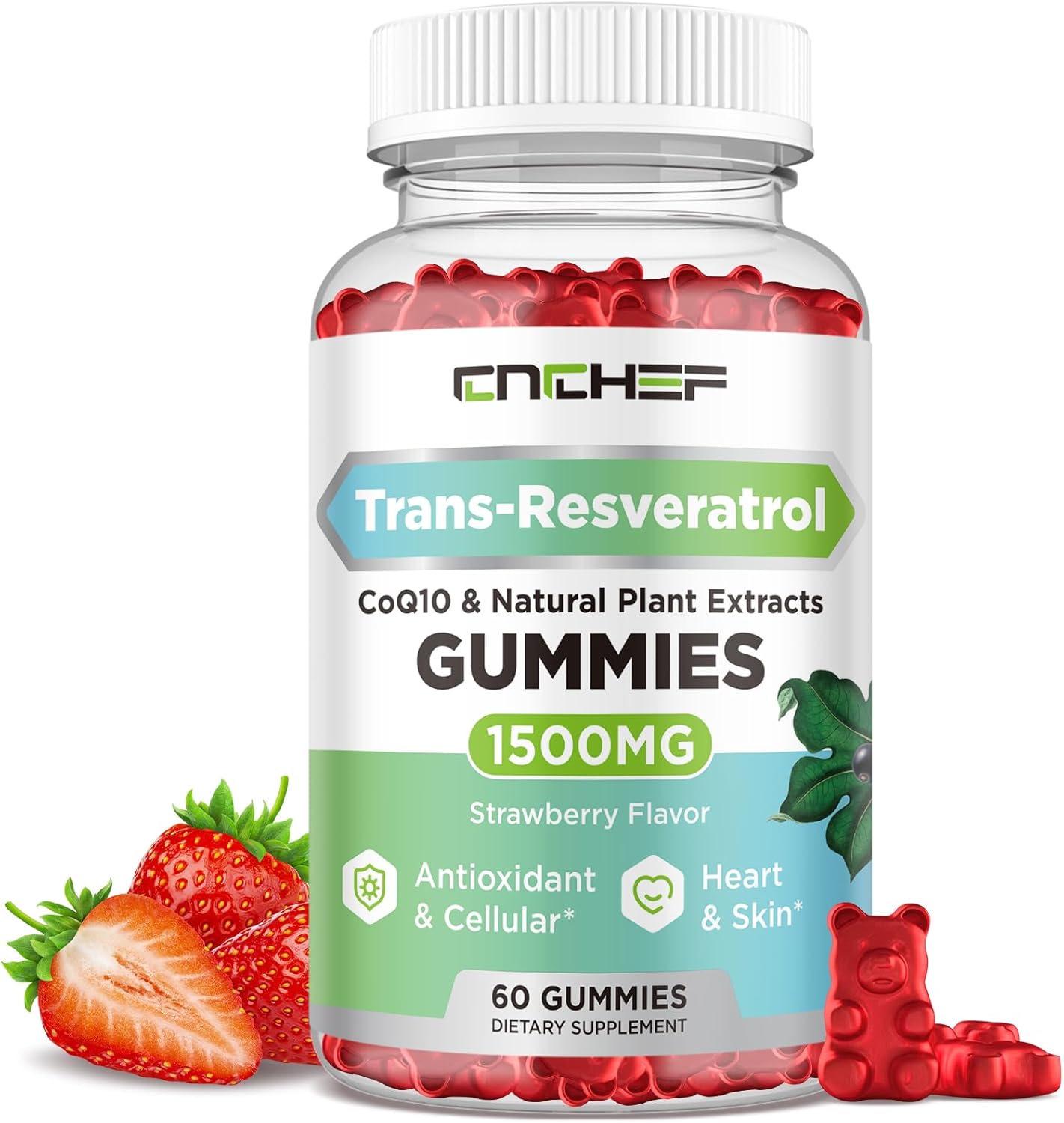 CNCHEF Trans-Resveratrol Gummies 1500mg with Quercetin, CoQ10, and Vitamin C - Antioxidant Supplement for Immune Support, Energy, and Joint Health - Sugar-Free Strawberry Flavor