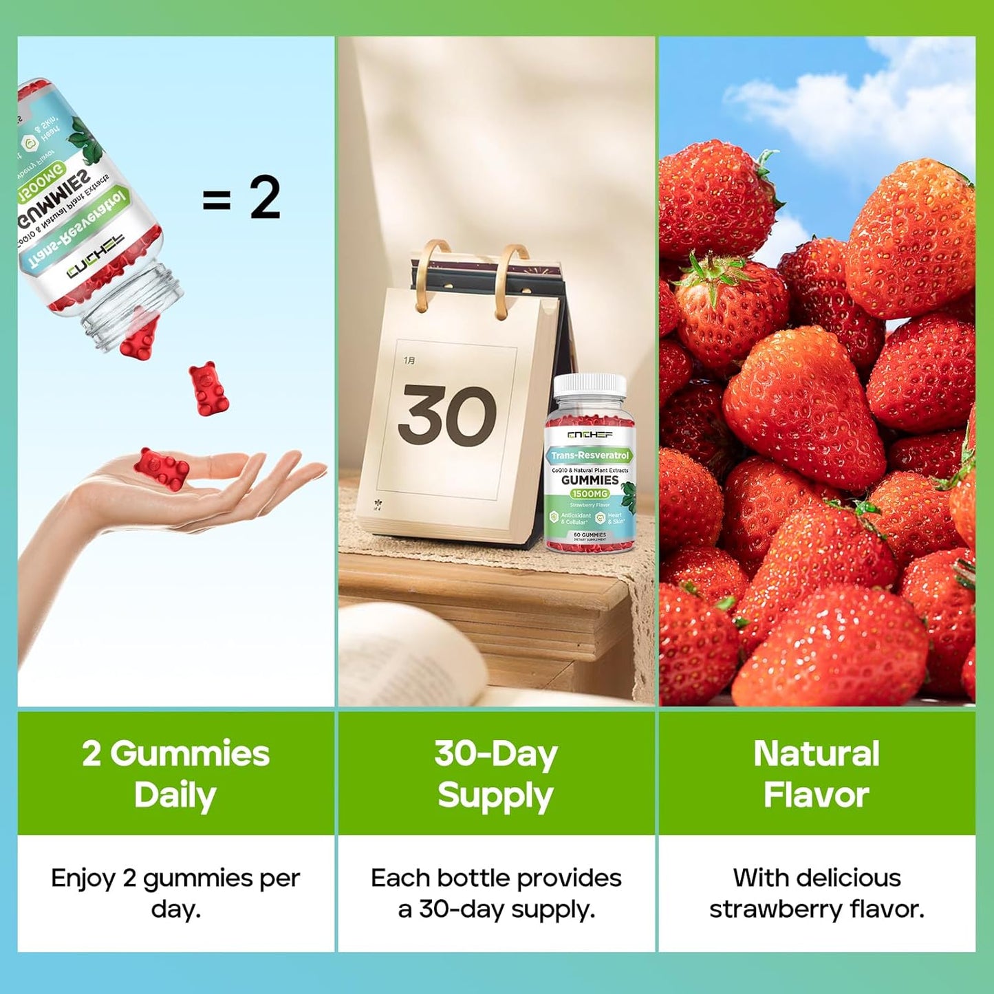 CNCHEF Trans-Resveratrol Gummies 1500mg with Quercetin, CoQ10, and Vitamin C - Antioxidant Supplement for Immune Support, Energy, and Joint Health - Sugar-Free Strawberry Flavor