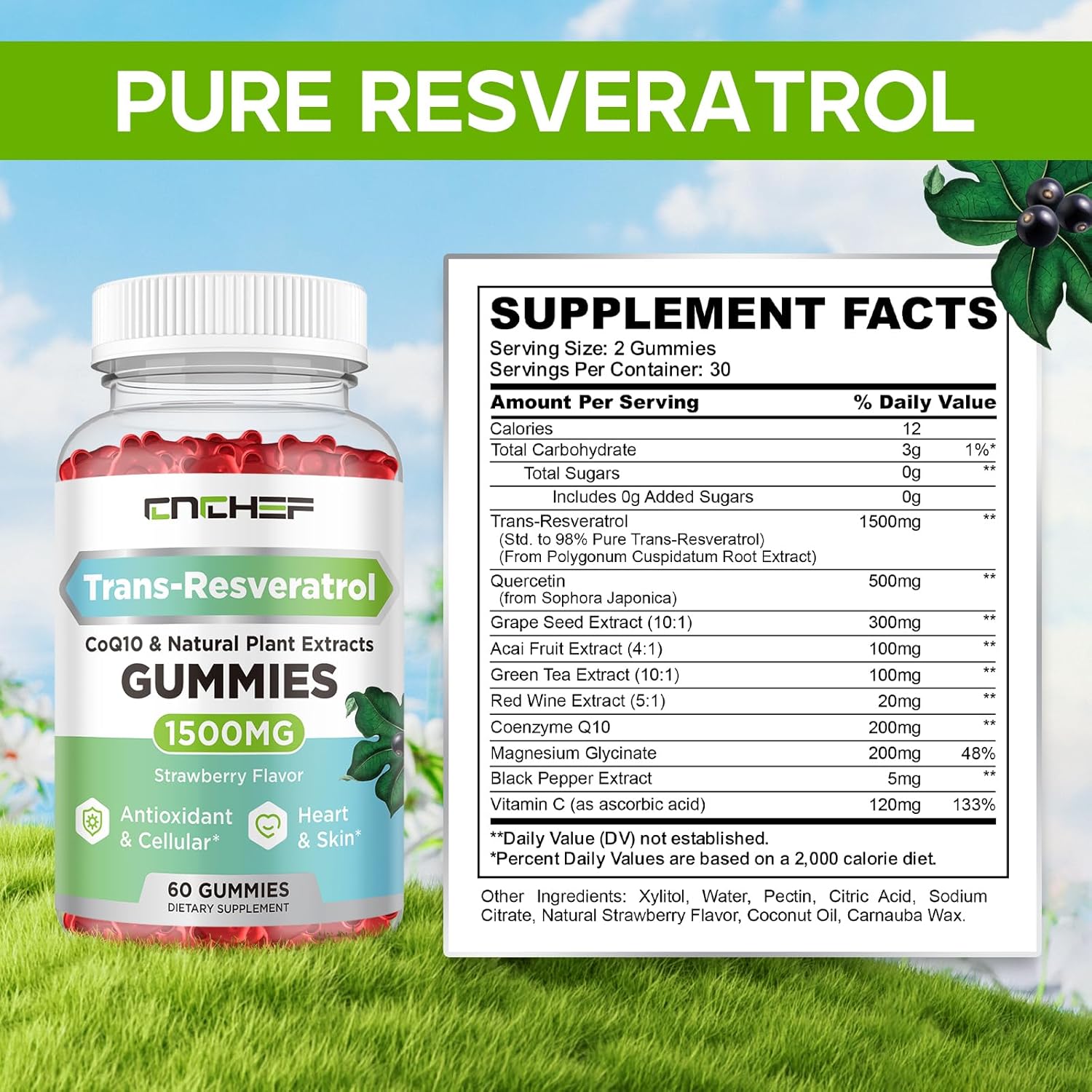 CNCHEF Trans-Resveratrol Gummies 1500mg with Quercetin, CoQ10, and Vitamin C - Antioxidant Supplement for Immune Support, Energy, and Joint Health - Sugar-Free Strawberry Flavor