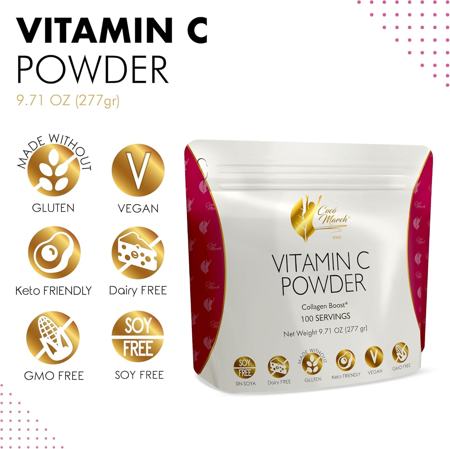 Cocó March N.M.D 1000 mg Vitamin C Powder - Collagen & Immune Support, Zinc, Bromelain, Quercetin, L-Lysine - Gluten/Dairy/Soy Free, Vegan & Keto Friendly - 10 oz.