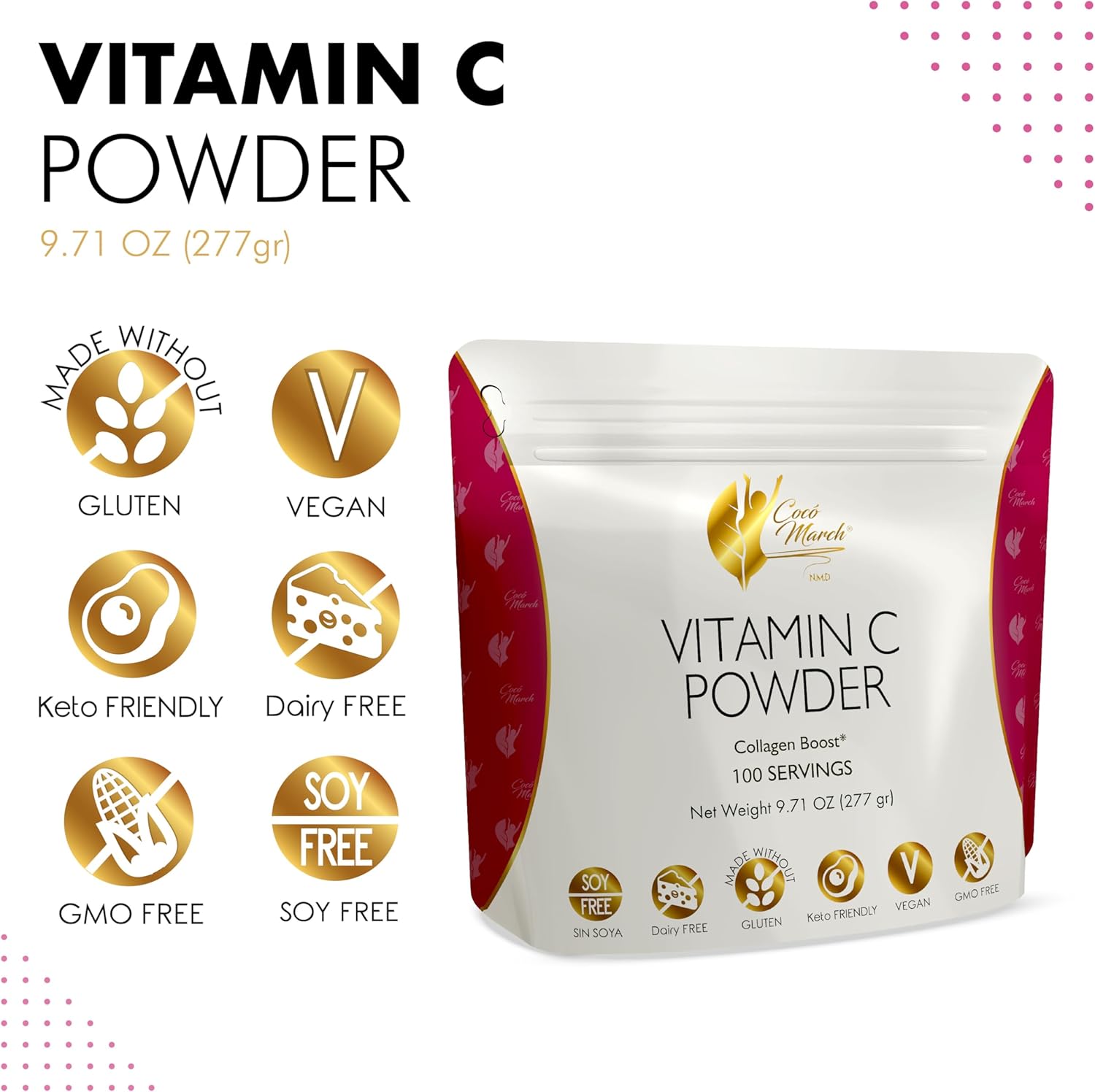 Cocó March N.M.D 1000 mg Vitamin C Powder - Collagen & Immune Support, Zinc, Bromelain, Quercetin, L-Lysine - Gluten/Dairy/Soy Free, Vegan & Keto Friendly - 10 oz.