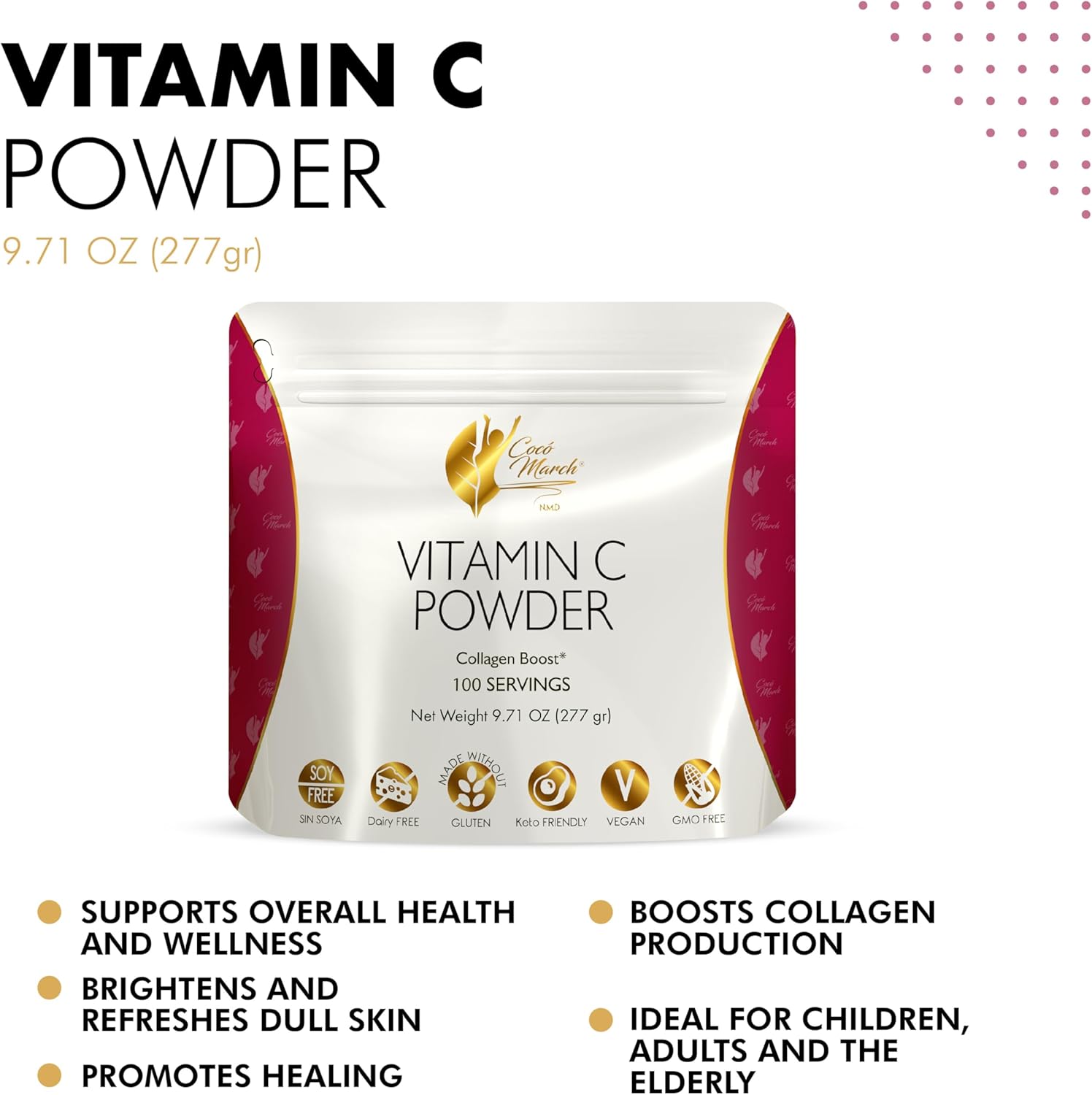 Cocó March N.M.D 1000 mg Vitamin C Powder - Collagen & Immune Support, Zinc, Bromelain, Quercetin, L-Lysine - Gluten/Dairy/Soy Free, Vegan & Keto Friendly - 10 oz.