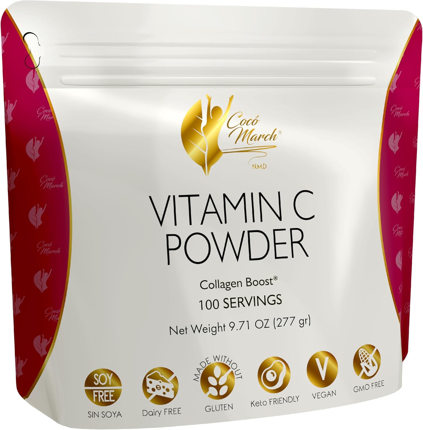 Cocó March N.M.D 1000 mg Vitamin C Powder - Collagen & Immune Support, Zinc, Bromelain, Quercetin, L-Lysine - Gluten/Dairy/Soy Free, Vegan & Keto Friendly - 10 oz.