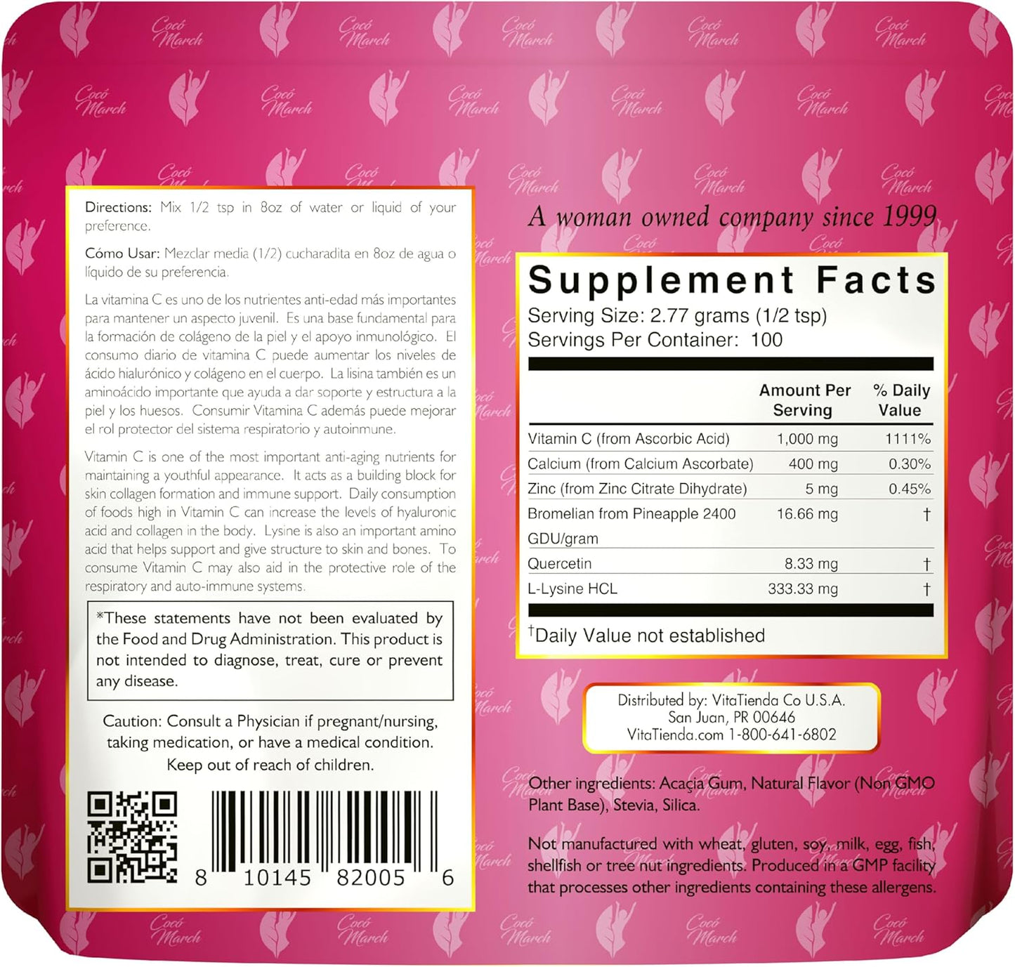 Cocó March N.M.D 1000 mg Vitamin C Powder - Collagen & Immune Support, Zinc, Bromelain, Quercetin, L-Lysine - Gluten/Dairy/Soy Free, Vegan & Keto Friendly - 10 oz.