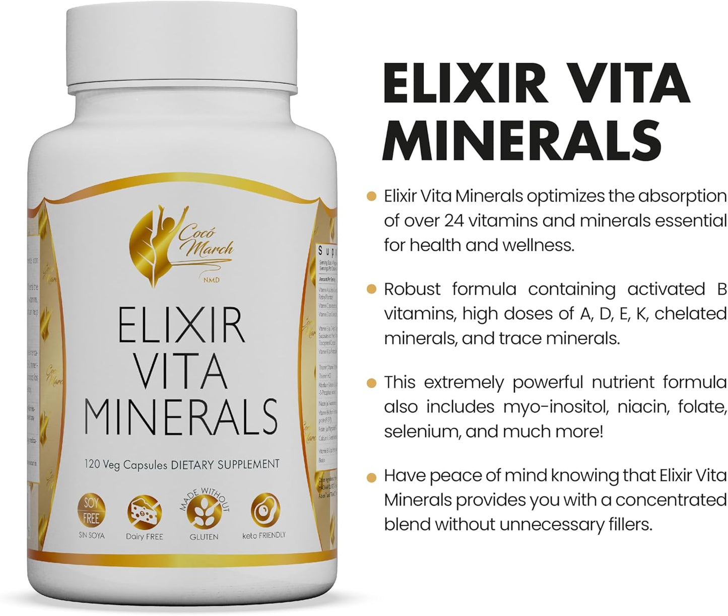 Cocó March N.M.D High Potency Elixir Vita Minerals - 24 Vitamins and Minerals - 120 Capsules, Gluten-Free, Dairy-Free, Keto-Friendly