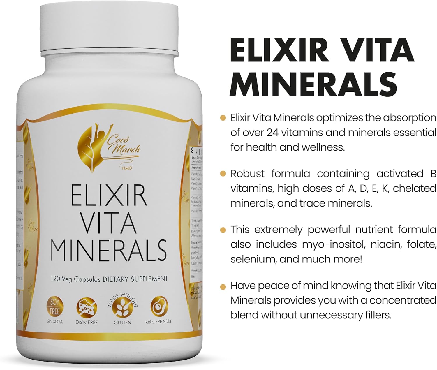 Cocó March N.M.D High Potency Elixir Vita Minerals - 24 Vitamins and Minerals - 120 Capsules, Gluten-Free, Dairy-Free, Keto-Friendly