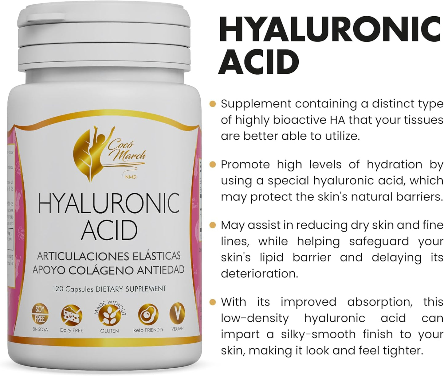Cocó March N.M.D Hyaluronic Acid Low Molecular Weight Supplement - Boost Collagen, Joint, Skin, & Cell Health - Gluten, Soy, Dairy Free - Keto & Vegan - 4 Month Supply