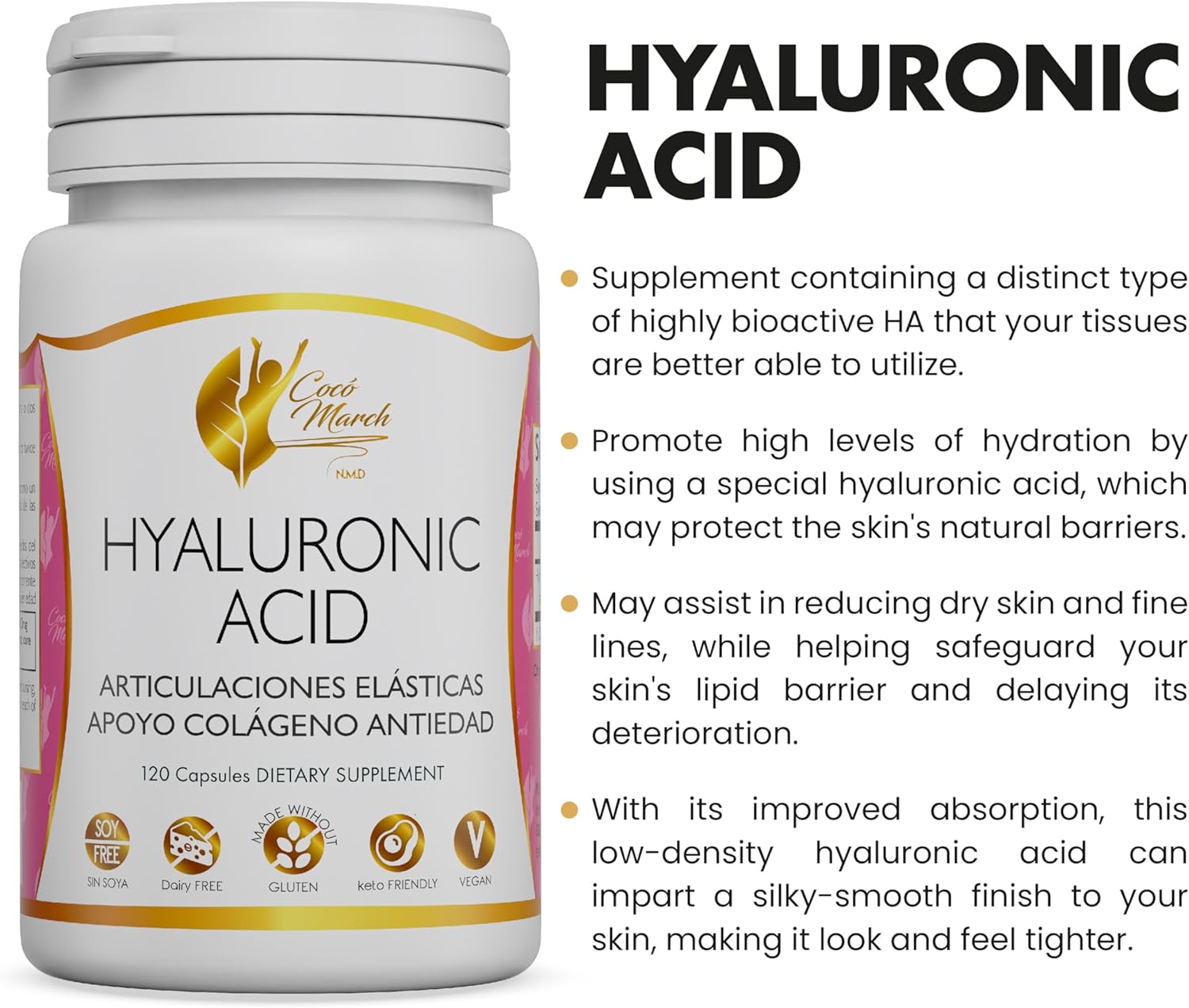 Cocó March N.M.D Hyaluronic Acid Low Molecular Weight Supplement - Boost Collagen, Joint, Skin, & Cell Health - Gluten, Soy, Dairy Free - Keto & Vegan - 4 Month Supply