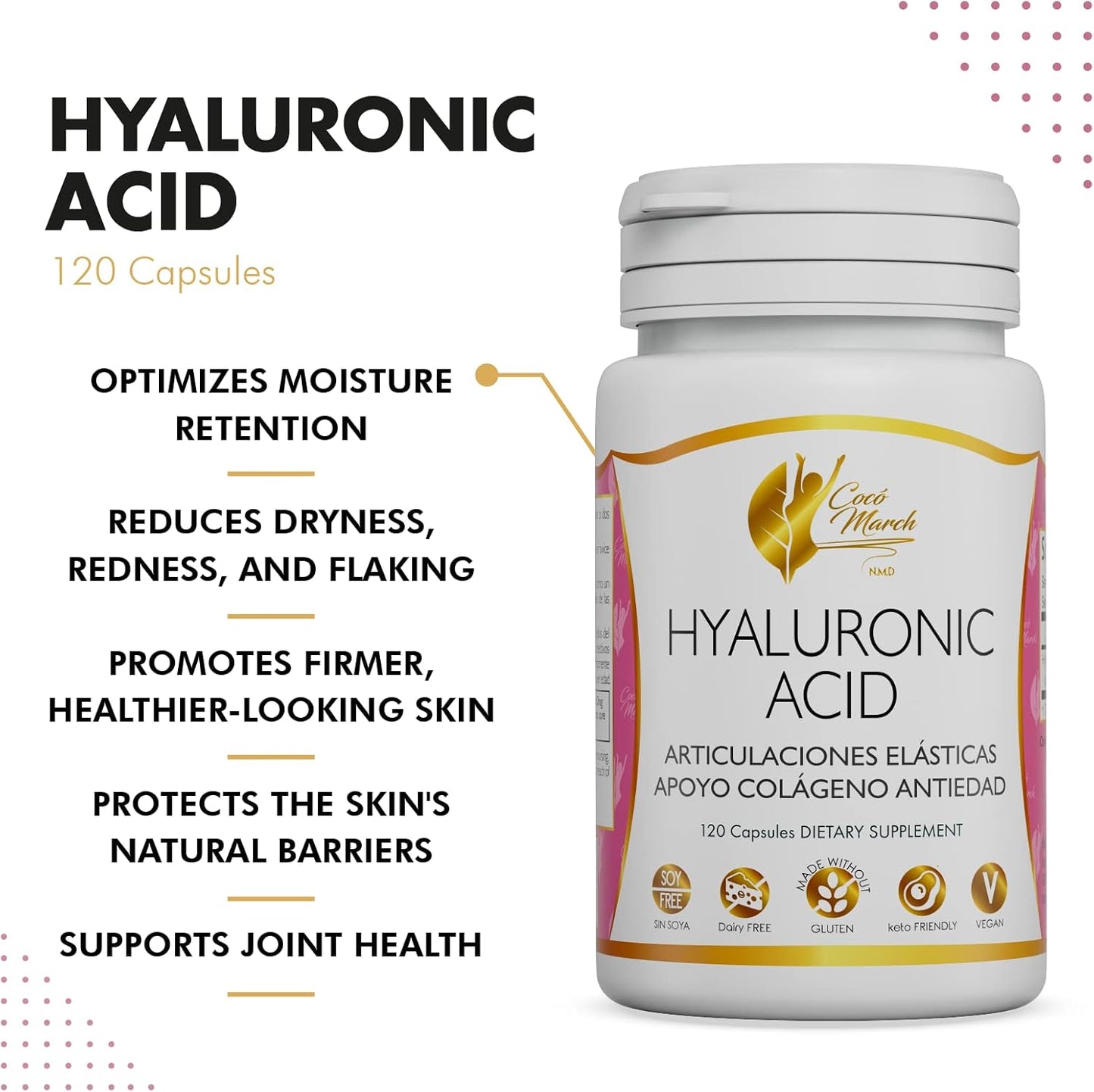 Cocó March N.M.D Hyaluronic Acid Low Molecular Weight Supplement - Boost Collagen, Joint, Skin, & Cell Health - Gluten, Soy, Dairy Free - Keto & Vegan - 4 Month Supply