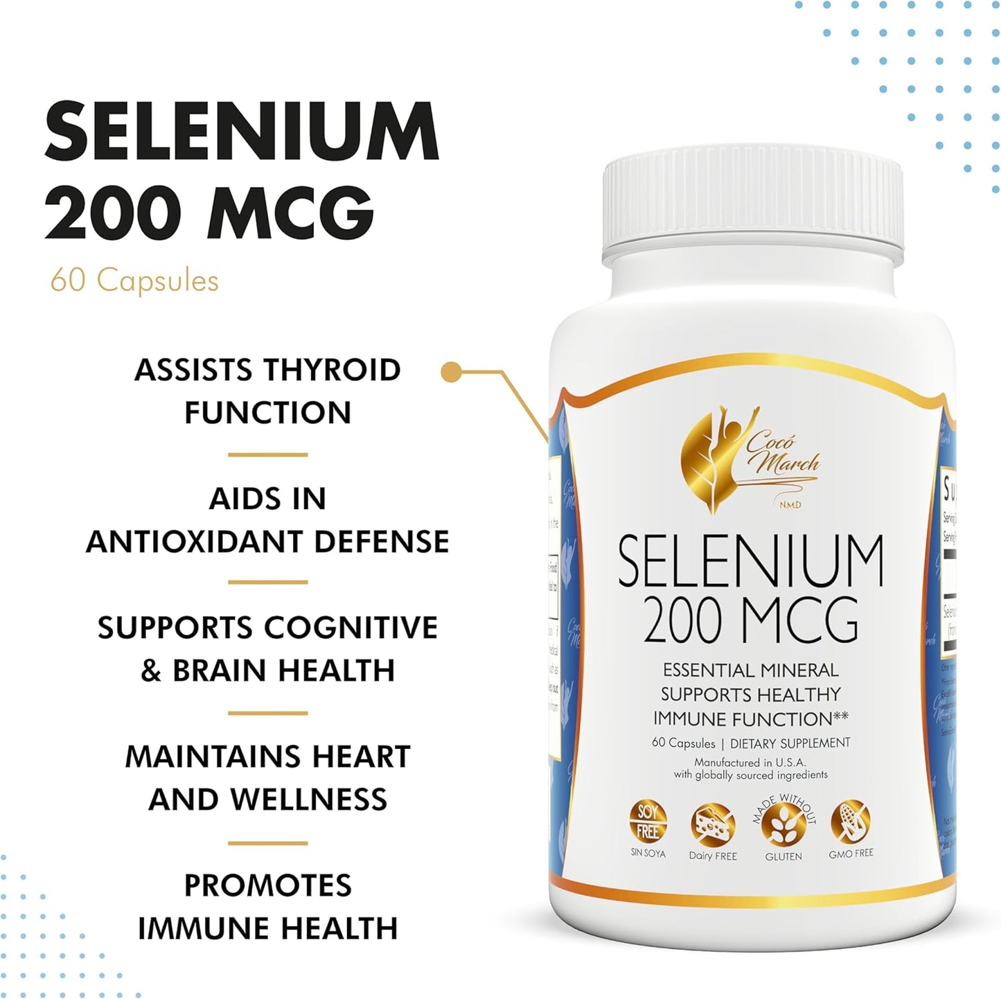 Cocó March N.M.D Selenium Supplement - 200 mcg, 90 Capsules - Thyroid Health Support - Gluten, Soy, Dairy, GMO Free - Vegan - 3 Month Supply