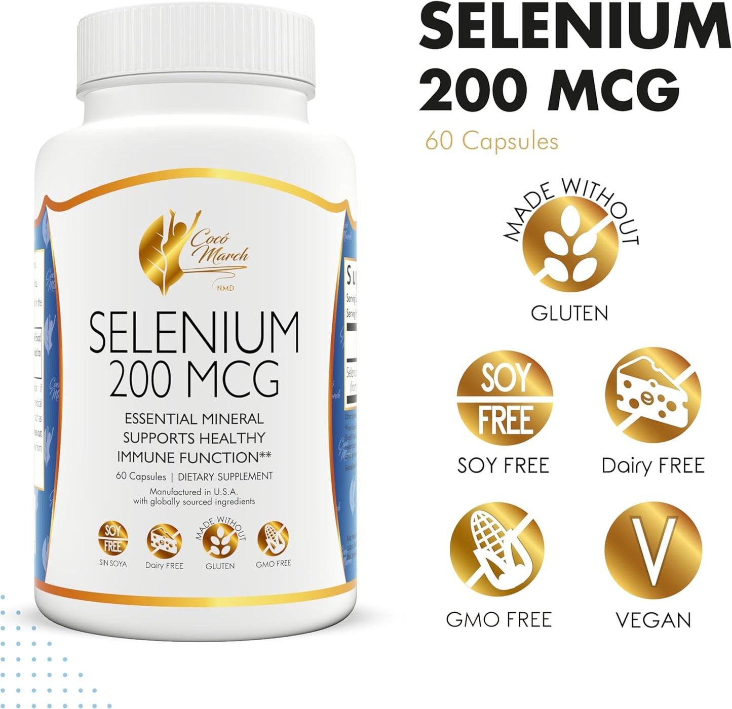 Cocó March N.M.D Selenium Supplement - 200 mcg, 90 Capsules - Thyroid Health Support - Gluten, Soy, Dairy, GMO Free - Vegan - 3 Month Supply