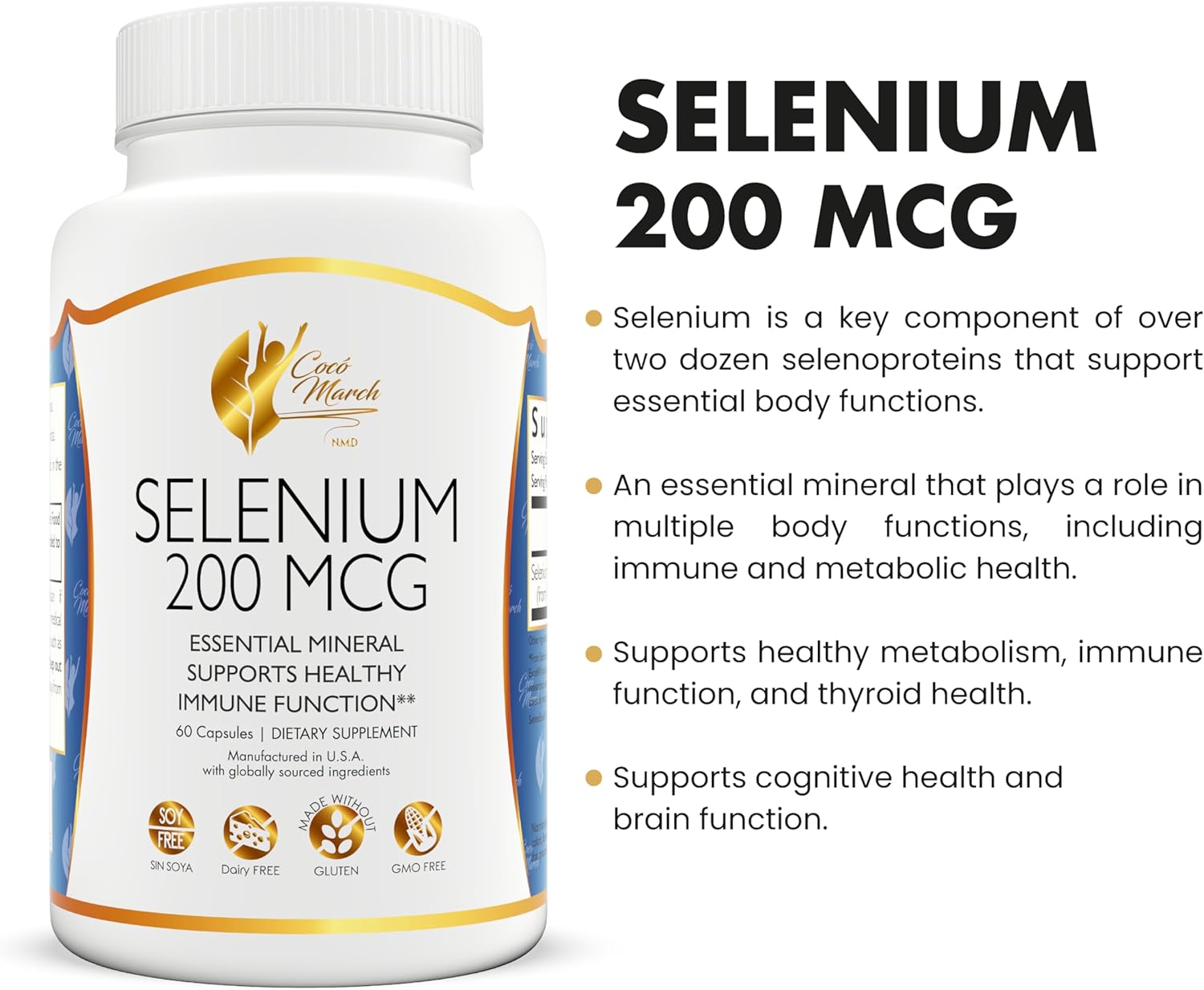 Cocó March N.M.D Selenium Supplement - 200 mcg, 90 Capsules - Thyroid Health Support - Gluten, Soy, Dairy, GMO Free - Vegan - 3 Month Supply