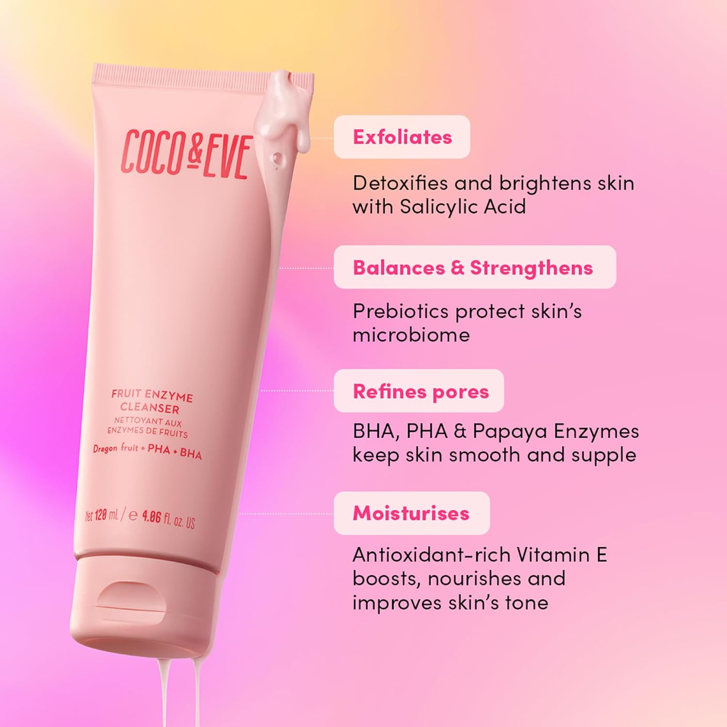 Coco & Eve Fruit Enzyme Cleanser - Gentle Water-Based Cleanser for Radiant Skin. Refines Pores, Exfoliates, and Hydrates with BHA, Prebiotic, Papaya Enzyme & Vitamin E (4.06 fl oz)