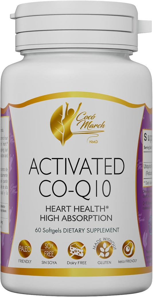 Coco March N.M.D Activated CO-Q10 Softgels - Heart Health & Energy Support - Gluten-Free, Soy-Free, Paleo, Keto, Dairy-Free - 60 Count